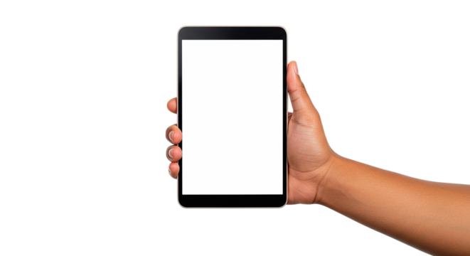 An African-American hand holding a tablet with a blank white screen against black.