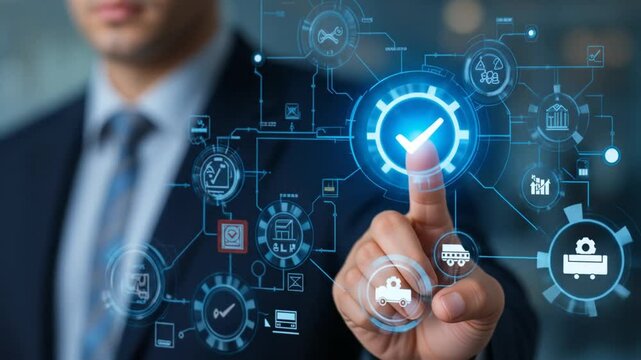 Workflow and flowchart. Business process automation BPA technology. Businessman touching check mark and gear icon on flowchart. 4k video