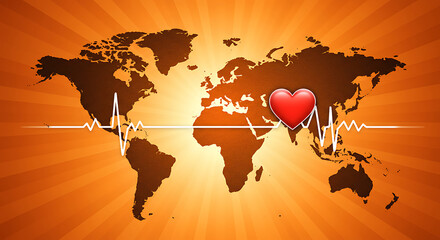 World Map with Heart and Heartbeat Line Illustration Global Health Concept