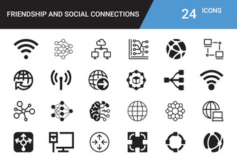 Networking and Communication: A comprehensive collection of 24 icons, meticulously crafted to visually represent a wide array of network concepts and social connections, ideal for digital designs.