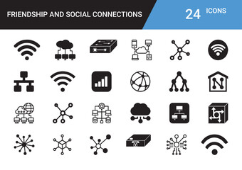 Friendship and Social Connections Icons: A comprehensive set of 24 unique icons depicting various aspects of friendship and social networking, ideal for websites, apps, and presentations.