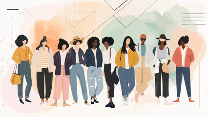 Fototapeta premium Diverse Group of Stylish Young Adults Standing Together – Modern Flat Vector Illustration of Multicultural Teamwork and Community