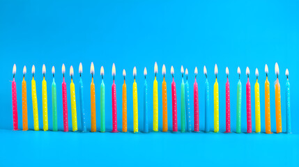Fototapeta premium Colorful birthday candles with vibrant flames in a row, symbolizing joy and celebration