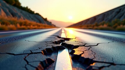 Cracked road recovery at sunset