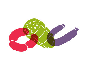 Fototapeta premium Sausage color icons. Cheese sausages, thick sausages. Butcher shop meat logo template. Vector illustration.