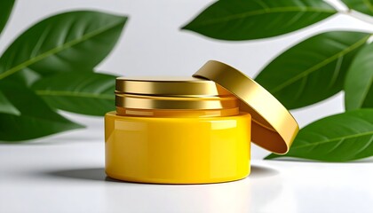 Open jar of golden balm or wax on black background, cosmetic product mockup, high-resolution packaging render
