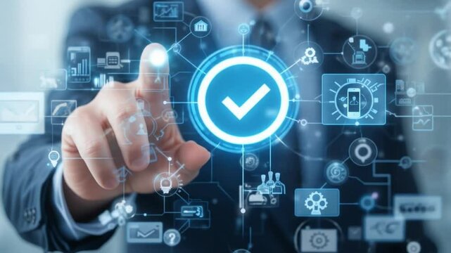 Workflow and flowchart. Business process automation BPA technology. Businessman touching check mark and gear icon on flowchart. 4k video