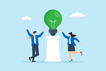 Flat illustration of employees celebrating green lightbulb on pedestal as corporate symbol of clean energy commitment