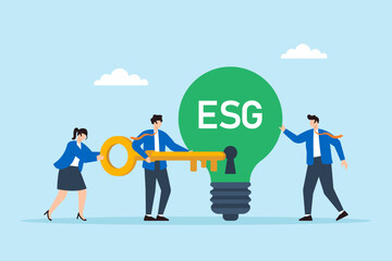 Flat illustration of employees unlocking green ESG lightbulb with teamwork key to activate clean energy initiatives