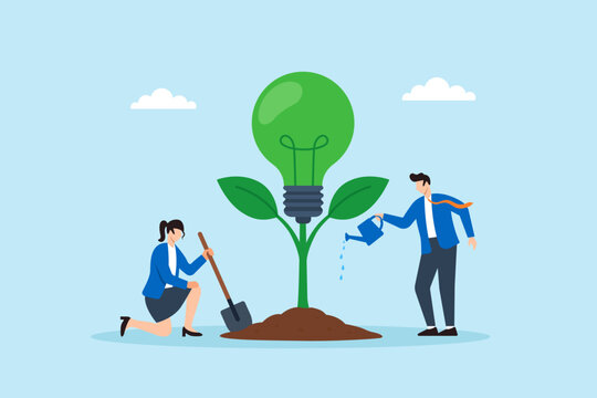 Flat illustration of employees planting green lightbulb tree in office soil representing renewable corporate culture