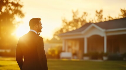 Confident wealthy man in a suit standing in front of a luxury mansion at sunset, symbolizing success and premium lifestyle