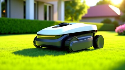 Lawn mowing robot in suburban garden