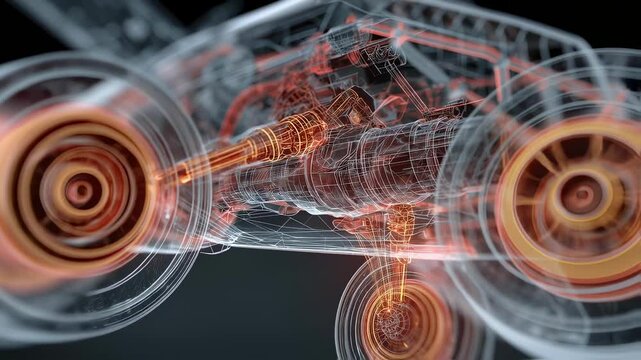 Complex wireframe model of an evtol aircraft undergoing landing gear calibration by a robotic arm, highlighting the intricate details of aeronautical engineering