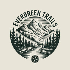 Mountain forest and river, everegreen logo vintage design