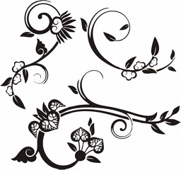 intricate floral patterns, delicate botanical illustrations, abstract organic shapes, ornamental design elements, decorative swirling motifs, elegant black and white graphics
