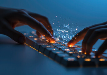 Typing on keyboard innovation technology concept digital transformation and automation process idea concept
