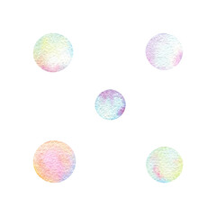 Set of circles, ball, decorative element, pearl, dewdrop, additional decoration, bead to create a beautiful design. Pastel color. Hand drawn watercolor illustration, group of isolated object