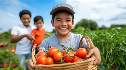 A family harvesting a basket of homegrown vegetables together in their urban backyard