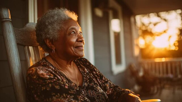 Grandma elderly woman sitting on a rocking chair at a front porch