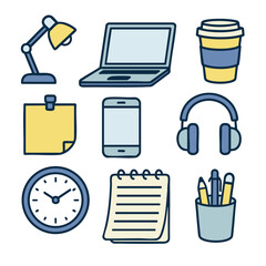 Collection of office and study icons including lamp laptop coffee cup sticky note smartphone