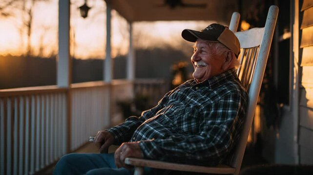 Grandpa elderly man sitting on a rocking chair at a front porch