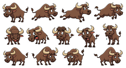 Sad and Scared Cartoon Buffalo Characters – Emotional Animal Expressions Pack
