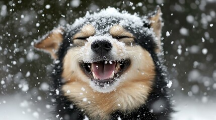 Smiling black dog enjoying snowfall up close
