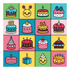 Cute Birthday and Celebration Icons Grid