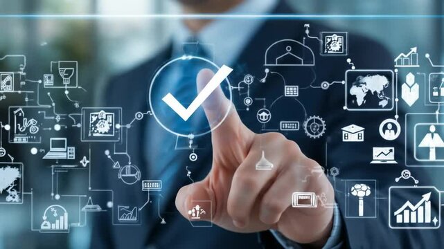 Workflow and flowchart. Business process automation BPA technology. Businessman touching check mark and gear icon on flowchart. 4k video