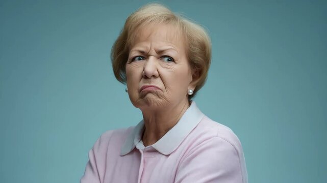 Mature woman with short blonde hair squints while looking cross-eyed, pouting and crossing her arms against a light blue background.