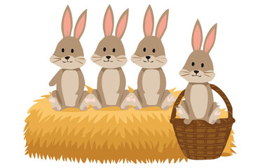 Four Cute Bunnies in Wicker Basket