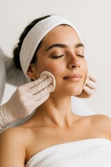 Cropped Photo Portrait Woman Dreamy Enjoying Skin Care Procedures Beauty Salon