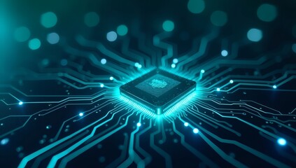  A close-up of a high-tech microprocessor surrounded by intricate electronic circuits, glowing in blue, representing modern computing