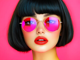 Obraz premium Modern Portrait of a Woman With Striking Pink Sunglasses Against a Vibrant Pink Background
