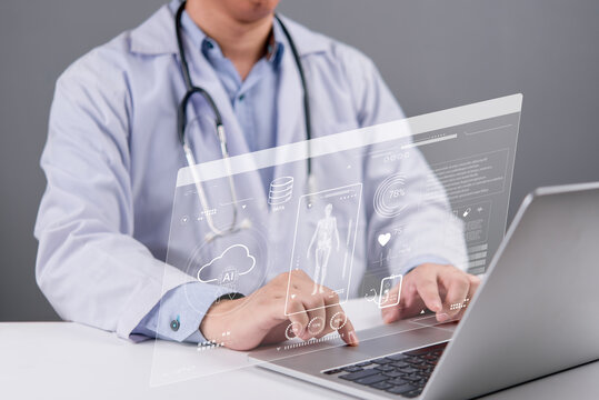 doctor or medical researcher analyzing patient data on health technology, artificial intelligence, and digital medical innovations. Modern healthcare cloud concept for research and diagnostics.