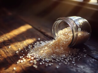 Close-up of spilled coarse sea salt from glass jar on rustic wooden surface with warm natural light