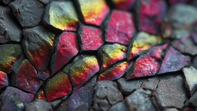 Macro close up reveals the vibrant plasma glaze lines on a basalt shingle, showcasing the interplay of light reflecting off the glazed surface and highlighting its heat resistant properties