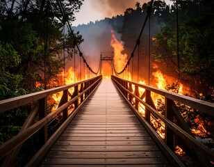 Burning bridge in a forest fire