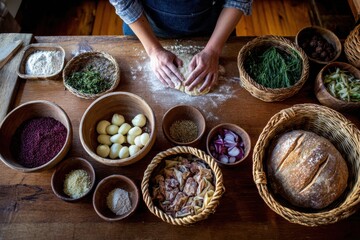 Artisan Cook Preparing Dough with Fresh Ingredients on Wooden Table