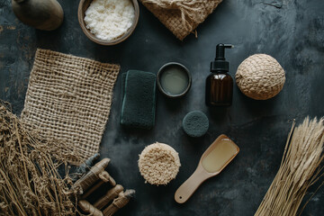 Still life arrangement of nuts nutcracker and a bottle of milk on a rustic wooden surface