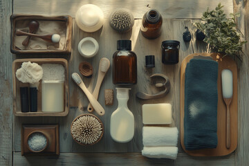 Vintage kitchen utensils arranged on a table with an old-fashioned charm and a touch of soft beauty elements
