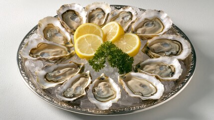 Fresh Oysters on the with Lemon Slices and Parsley Garnish Placed on a Decorative Plate for Seafood Dish Presentation