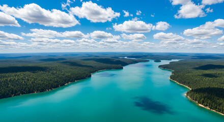 Fototapeta premium A stunning aerial view of a winding river or lake flowing through a lush green forest under a bright blue sky, showcasing untouched natural beauty. 