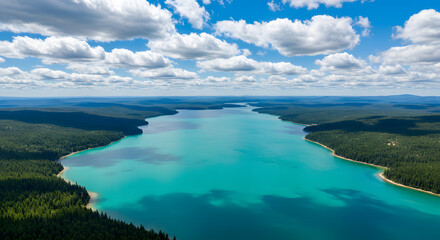Fototapeta premium An expansive aerial view of a vibrant blue lake or river cutting through a dense green forest, under a clear sky, highlighting the beauty of untouched wilderness. 