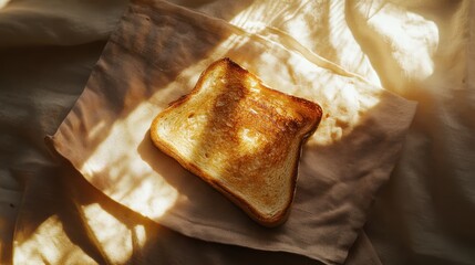 Toasted bread slice with golden crust resting on a white cloth illuminated by warm natural sunlight