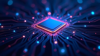 A close-up of a glowing microprocessor surrounded by neon blue circuits, symbolizing advanced technology and modern computing