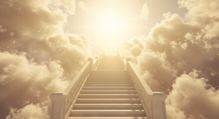 An imaginative image depicting radiant, golden stairs rising through a vibrant, cloud-filled sky, conveying a sense of divine ascent and boundless hope.	