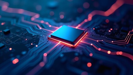 A futuristic microprocessor with vibrant glowing circuits spreading outward, symbolizing digital connections and the power of modern computing