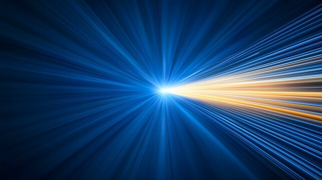 The image shows an abstract representation of speed and light, with radiating lines of blue and gold converging towards a bright central point.