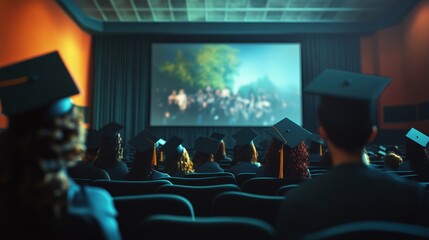 Graduates in a  theatre, watching a graduation ceremony on screen.